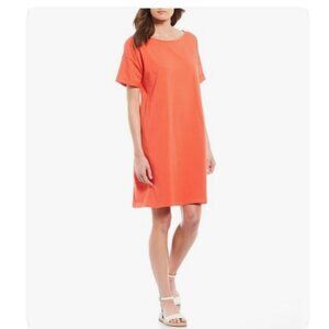 Eileen Fisher Coral Red Lory Cotton Stretch Jersey Ballet Neck Dress Sz L $178